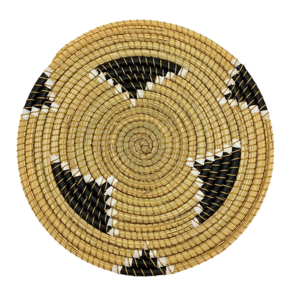 African Coiled Wall Basket Tray 10.5" Boho Handwoven Black Gold White Star Sun